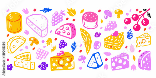 Colorful doodle illustration of various foods including cheese fruit and sweets