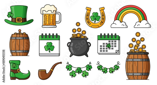 St Patricks Day icons set with traditional Irish symbols.