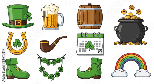 Collection of Saint Patricks Day themed items and symbols.