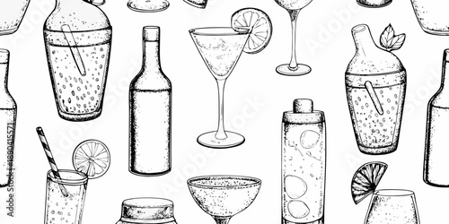 A detailed illustration of various cocktail glasses and bar tools in black and white