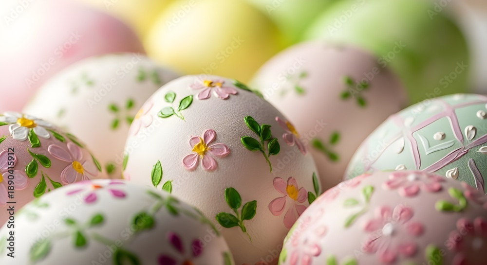 Fototapeta premium Decorated Easter Eggs with Floral Patterns and Soft Pastel Colors