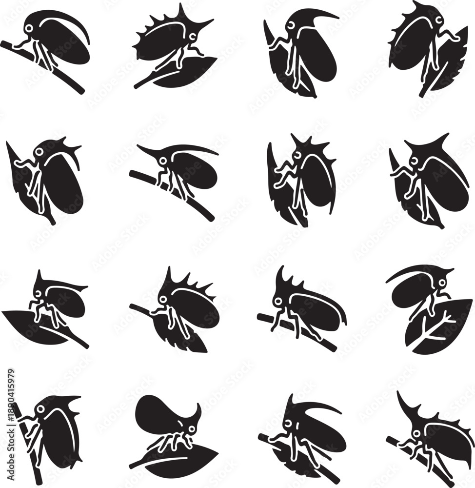 Fototapeta premium Sixteen black insect on white background with leaves and branches leaf silhouette des
