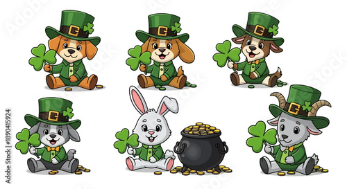 Adorable St Patricks Day Animals with Shamrocks and Pot of Gold.
