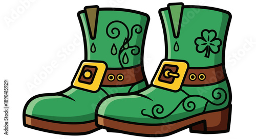 Pair of vibrant green leprechaun boots with gold buckles and shamrock details.