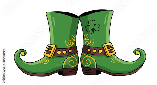 Pair of Green Leprechaun Boots with Gold Buckles and Shamrock Detail.