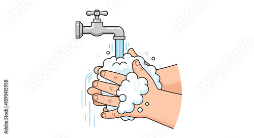 Close up of hands being washed with soapy bubbles under a silver faucet for hygiene and health protection.