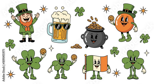 Retro Cartoon St Patricks Day Characters and Symbols Collection.