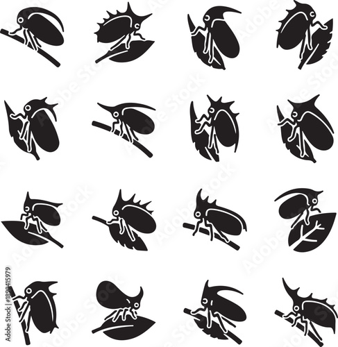 Sixteen black insect on white background with leaves and branches leaf silhouette des