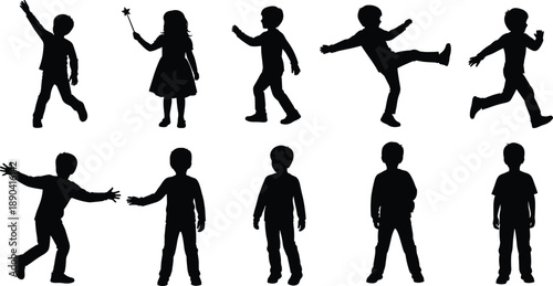 Diverse set of children silhouettes in active poses including running, jumping, and playing, happy kids figures, cad drawing flat vector illustration
