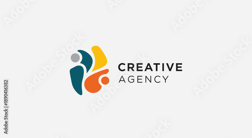 A vibrant and abstract logo for 'Creative Agency' featuring stylized human figures in teal, yellow, orange, and grey, symbolizing collaboration and community.
