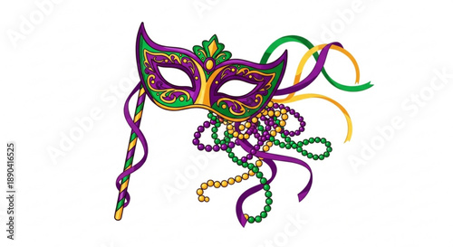 Mardi gras mask with colorful beads and ribbons on white background