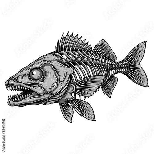 Walleye fish skeleton illustration with sharp teeth and vintage hand drawn style on white background