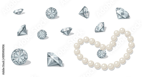 Luxury jewelry collection featuring sparkling brilliant cut diamonds and a classic white pearl necklace on white.