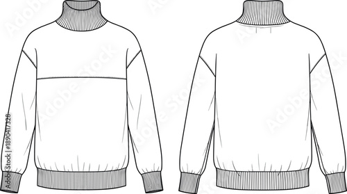 Technical flat sketch of women's turtleneck sweatshirt featuring drop shoulders ribbed cuffs waistband and front horizontal seam detail