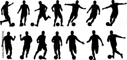 Soccer, player, silhouettes, set, football, action, poses, dribbling, kicking, ball, sport, athletic, man, professional, isolated, white, background, vector