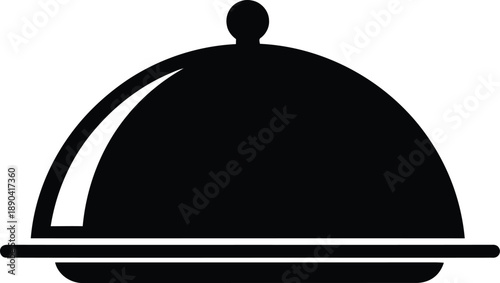 Professional black cloche icon on platter plate for luxury restaurant menu design, fine dining catering service symbol, and food delivery app interface isolated on white.