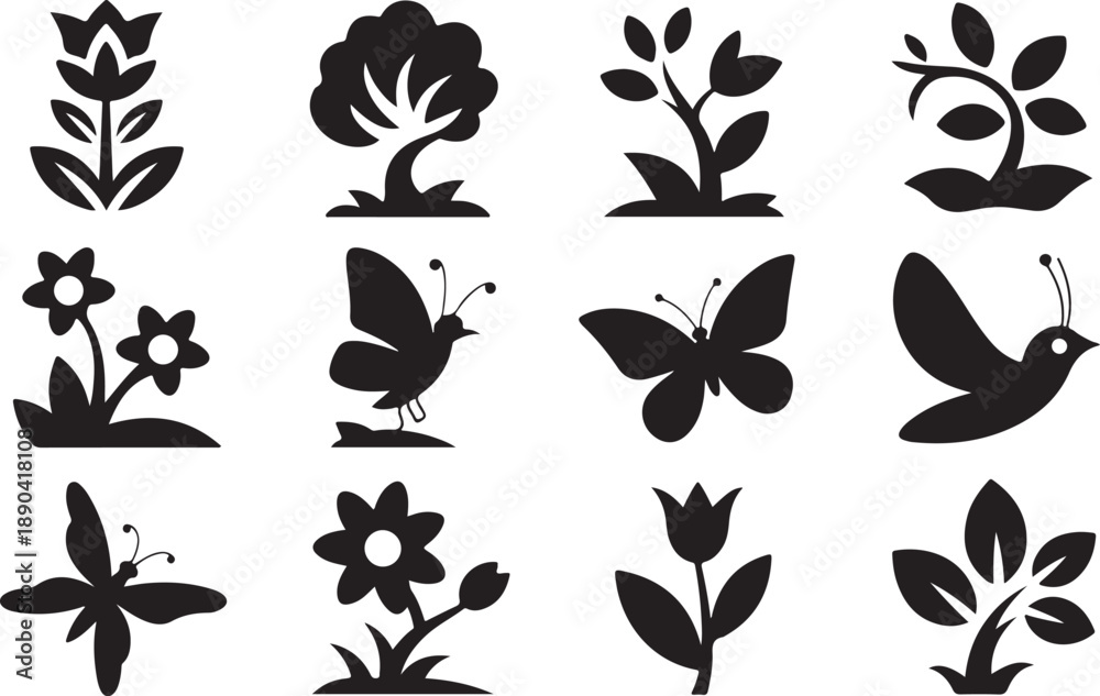 Obraz premium Diverse Black Silhouette Icons of Flora Fauna and Nature Elements on White Background flower icon tree icon