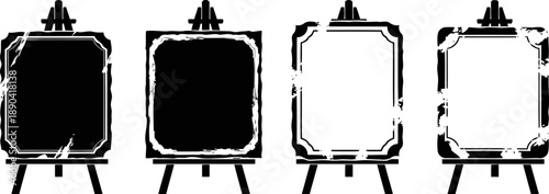 Set of four vintage distressed rectangular frames on easels with ornate decorative corners