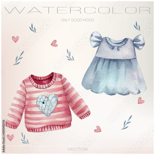 Soft vector watercolor illustrations. Baby gender reveal and cozy kidswear.