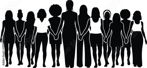 Diverse group of women holding hands in a powerful silhouette, representing female empowerment, community support, solidarity, and sisterhood in a clean minimalist vector illustration.