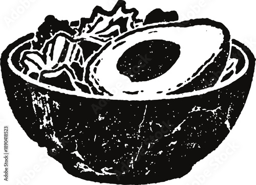 Avocado half with pit and leafy greens inside textured shell bowl illustration