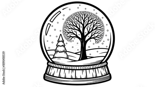 A serene winter scene is encapsulated within a snow globe featuring a bare tree and snow-covered mountains viewed from the front