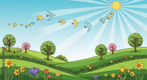 Colorful cartoon landscape with rolling hills trees flowers and birds flying under sunny sky