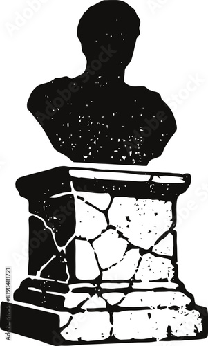 Bust sculpture on cracked pedestal silhouette isolated classical statue monument vintage design