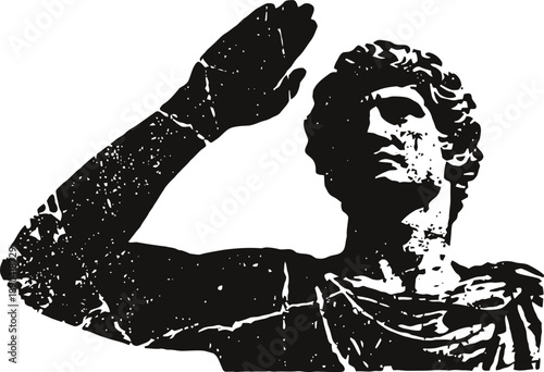 Ancient roman statue with raised arm and detailed draped clothing in black and white