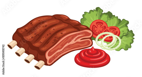 Mouthwatering slab of BBQ ribs served with fresh tomato salad onion rings and red sauce on a white background.