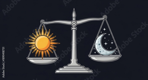 Balance between day and night on a scale sun and moon symbolism