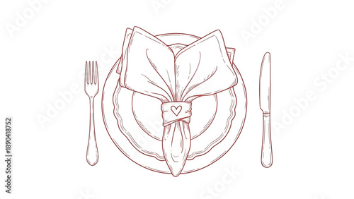 A table setting with a napkin, fork, and knife arranged neatly on a plate from a top-down view
