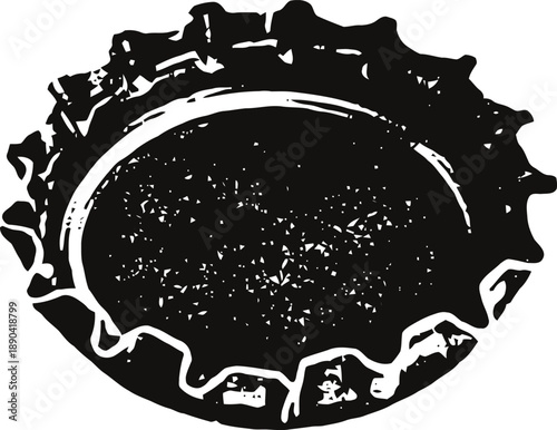 Vintage black and white illustration of a bottle cap with textured surface and crimped edges