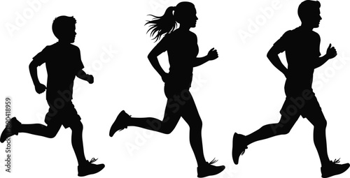 Large group of runner silhouettes including men, women, and children jogging together, active family marathon set, cad drawing flat vector illustration, isolated white