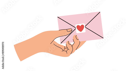 Hand holding an envelope with a heart emerging from it, symbolizing love and affection in a simple illustration style.