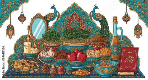 Traditional persian nowruz table setting with mirror candles and food