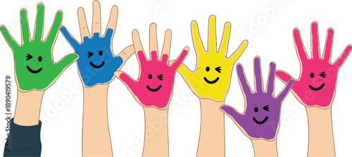 Colorful children hands illustration with painted smiley faces, diversity and unity concept, playful education artwork for kids, creativity, teamwork, happiness theme