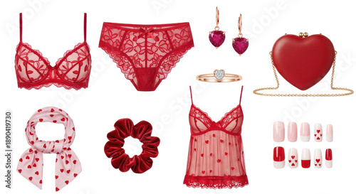 Red Valentine's Day lingerie set with heart-shaped accessories and manicure, perfect for romantic occasions