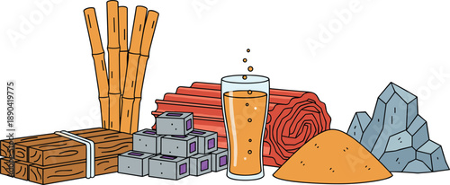 Raw material set featuring bamboo stalks wooden planks concrete blocks roofing sheets sand piles and cold beverage glass.