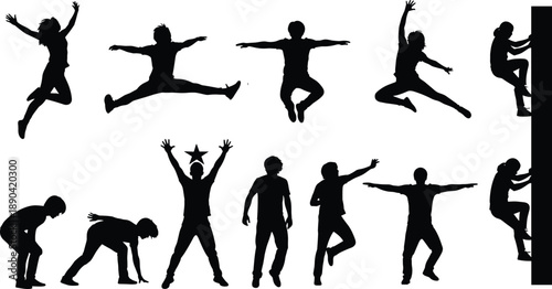 Set of black silhouettes of children jumping climbing and playing, active kids performing parkour and athletic movements, cad drawing flat vector illustration on white background