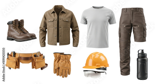 Workwear outfit set with brown boots, jacket, cargo pants, gloves, hard hat, tool belt, white t-shirt, and water bottle, perfect for construction professionals