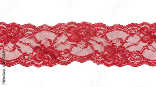 Red floral lace trim ribbon border isolated on transparent background, elegant decorative element for lingerie, wedding, Valentine and craft designs