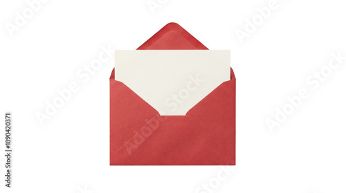 Fotografie Open red envelope with blank card inside, stationery mockup isolated on transpar