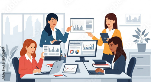Four businesswomen analyzing data on computers and papers in modern office setting with city view