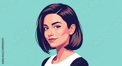 Young woman with short brown hair and a white shirt on teal background smiling