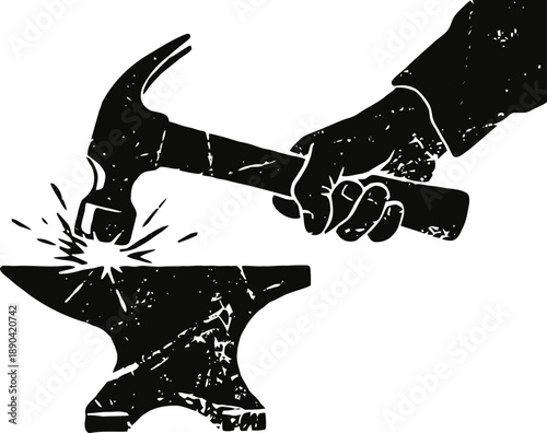 Hammer striking anvil with sparks, blacksmithing traditional metal forging concept