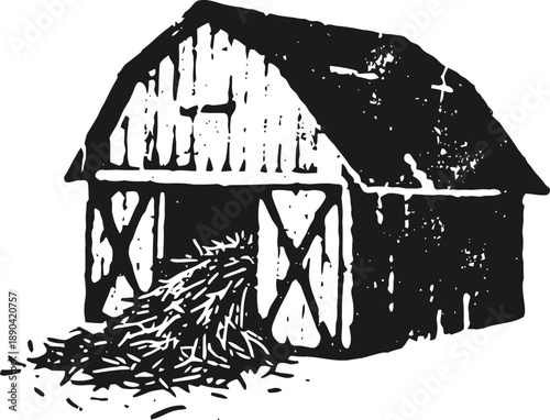 Rustic barn with overflowing haystack traditional farm building and straw pile in vintage woodcut