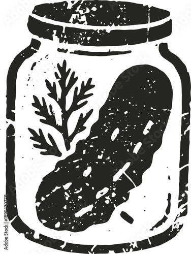 Jar with pickled cucumber illustration with rustic texture and vintage