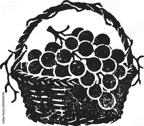 Basket with fresh grapes, vintage rustic hand drawn fruit illustration, organic harvest and natural food concept