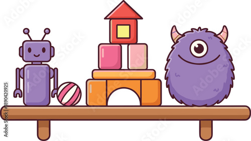 Nursery shelf icon set featuring a purple robot toy building blocks and a cute one-eyed monster plush.
